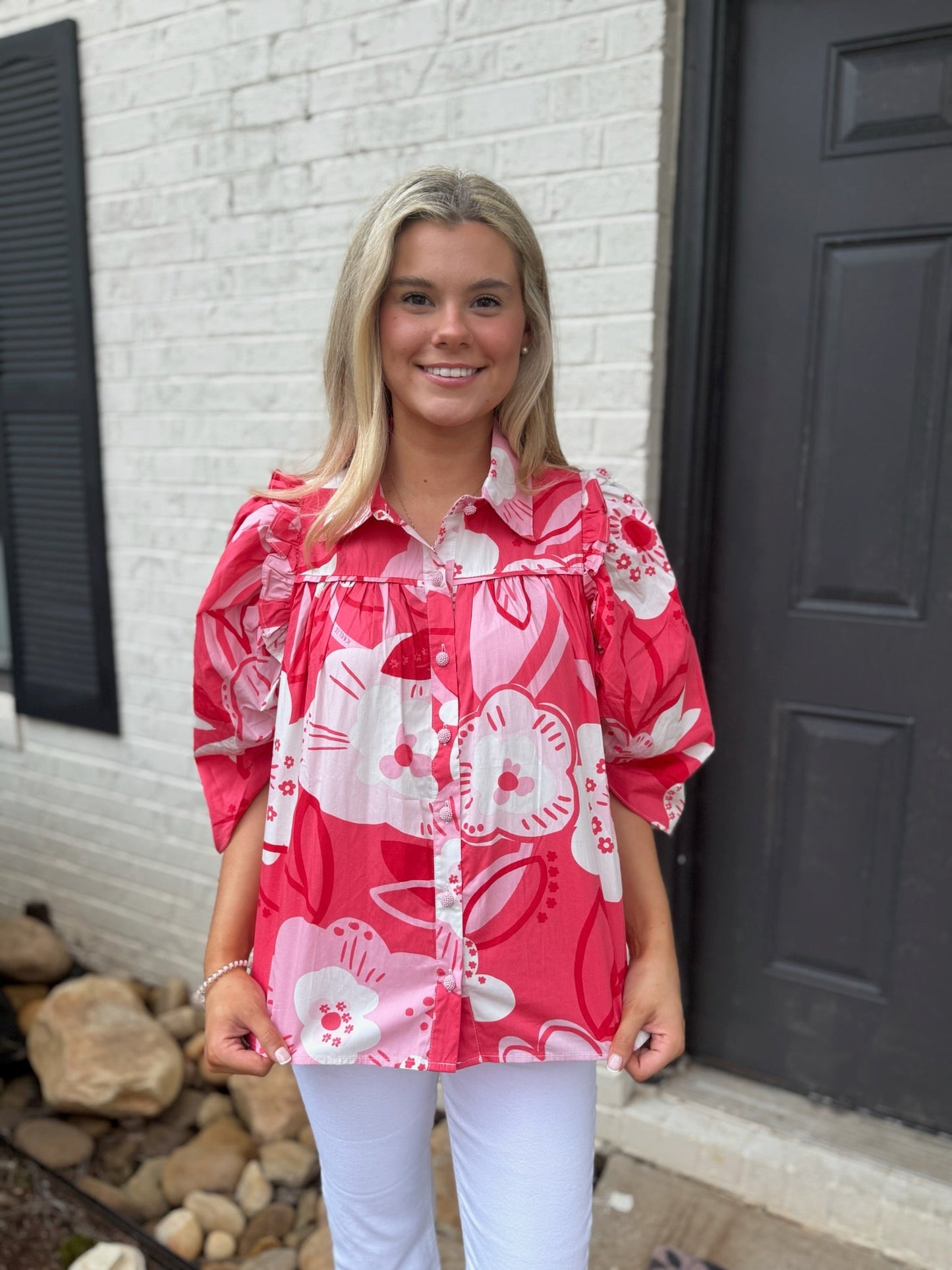 Red Artist Floral Puff Sleeve Ruffle Top