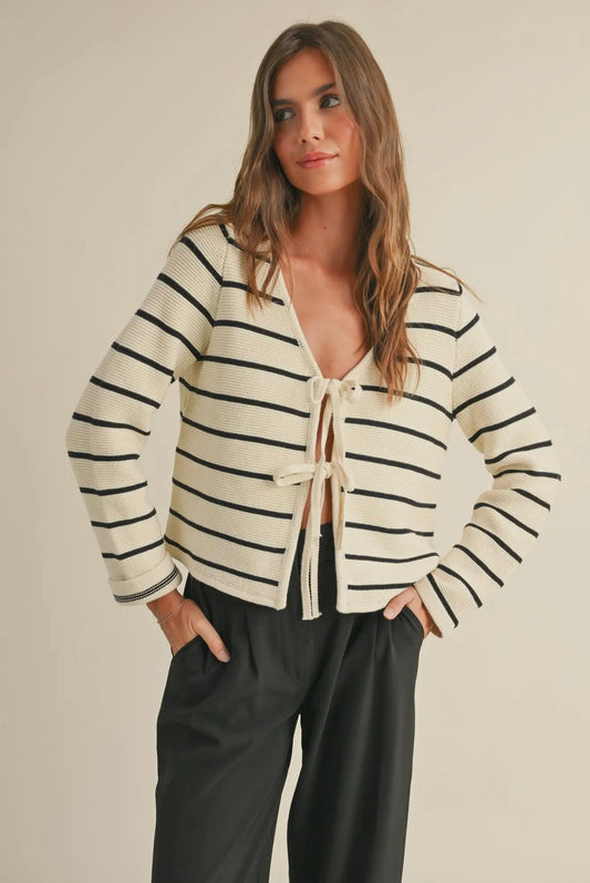 White/Black Striped Front Tie Cardigan